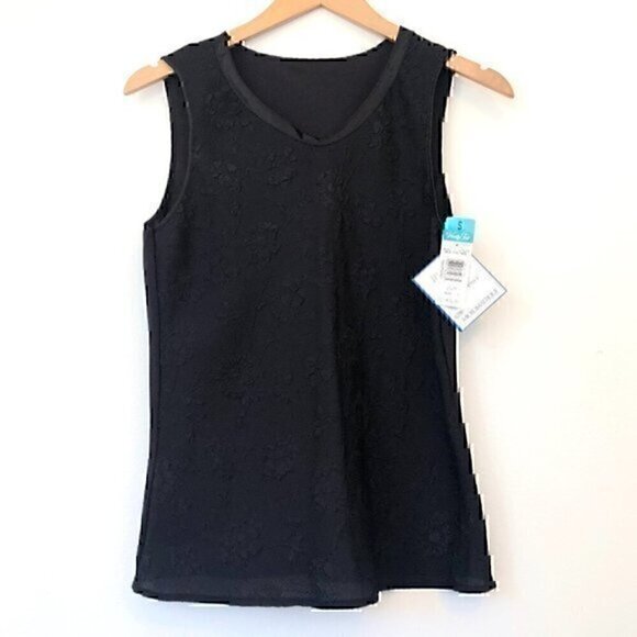 NEW NWT VINTAGE VTG VANITY FAIR Black Textured Floral Semi Sheer Tank Top Small - Picture 1 of 7